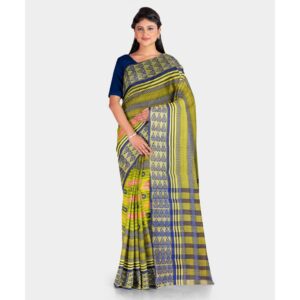 Lime Green Pure Cotton Bengali Tant Saree (Handwoven Work)