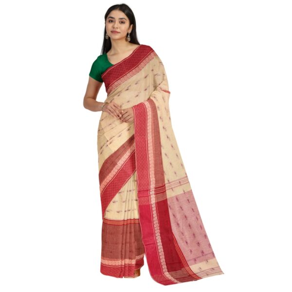 Off White Bengali Cotton Tant Saree with Red Border