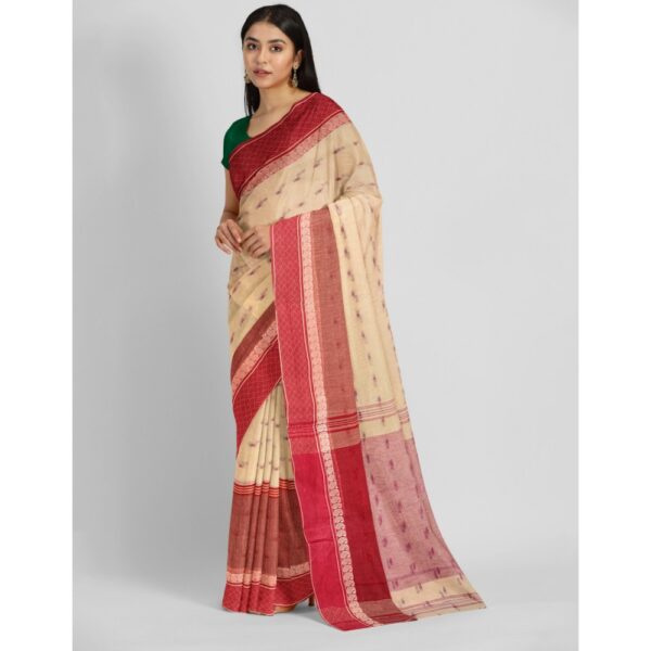 Off White Bengali Cotton Tant Saree with Red Border