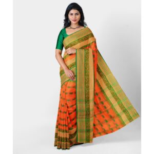 Orange and Green Cotton Bengali Tant Saree (Handwoven Work)