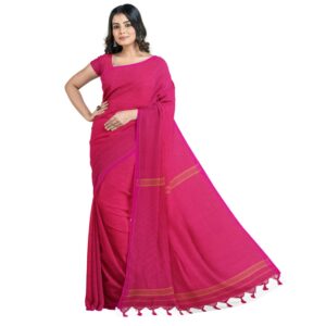 Rani Pink Silk Handloom Saree with Zari Stripes and With Blouse Piece (Unstitched)