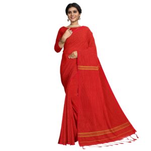 Red Silk Handloom Saree with Zari Stripes and With Blouse Piece (Unstitched)