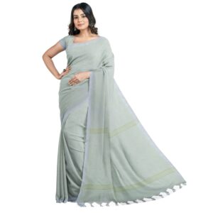 White Silk Handloom Saree with Zari Stripes and With Blouse Piece (Unstitched)
