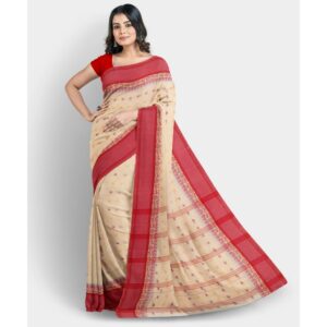 100% Cotton Off White Tant Saree with Red Border (Handwoven Work)