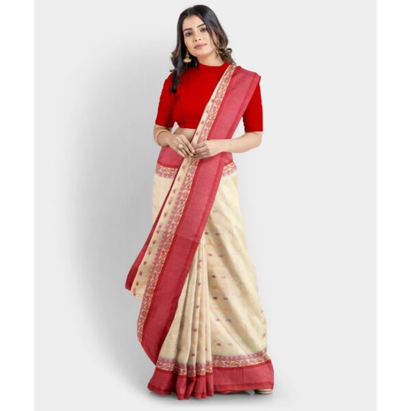 Off White Cotton Saree with Red Border