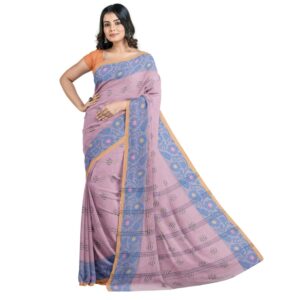 Light Pink Pure Cotton Bengali Tant Saree with Contrast Border