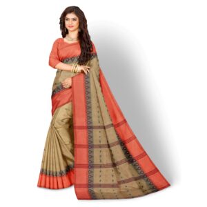 Beige 100% Cotton Tant Saree w...