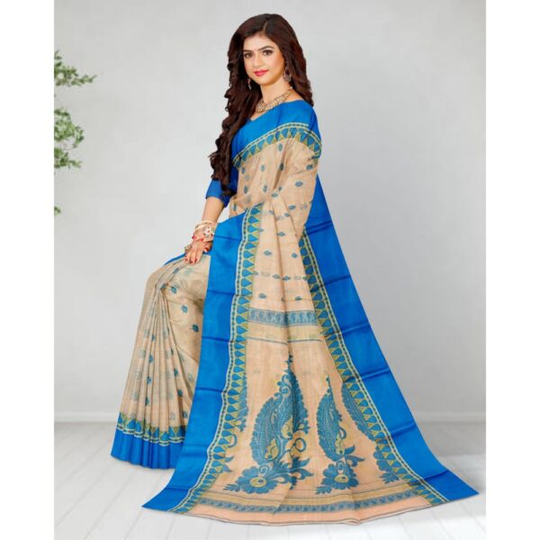 Cream Pure Tussar Silk Banarasi Sarees with Blue Border