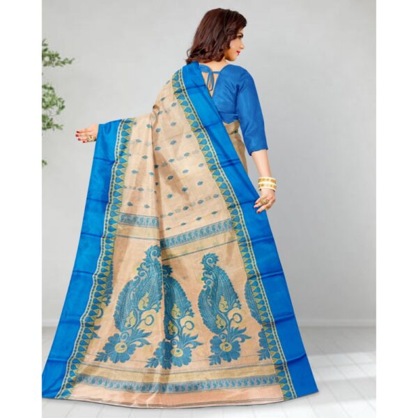 Cream Pure Tussar Silk Banarasi Sarees with Blue Border