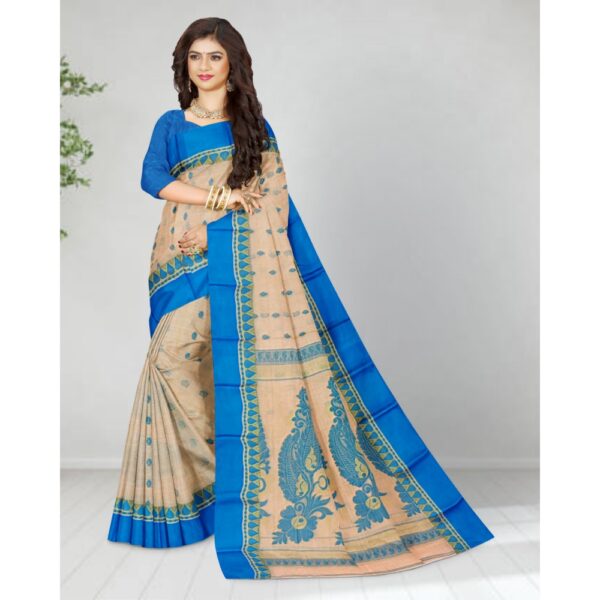 Cream Pure Tussar Silk Banarasi Sarees with Blue Border