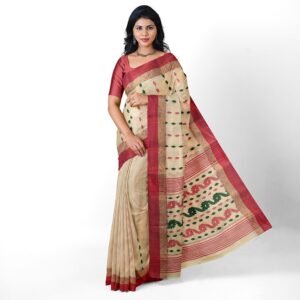 Cream Tussar Silk Banarasi Sar...