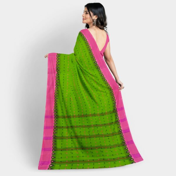 Green Pure Cotton Saree with Pink Border