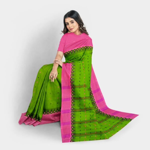 Green Pure Cotton Saree with Pink Border