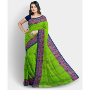 Green Pure Cotton Bengali Tant Saree with Contrast Border