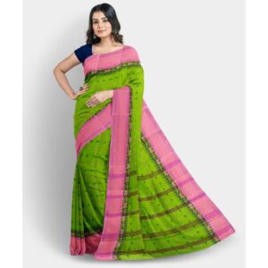 Green 100% Cotton Tant Saree with Pink Border (Handwoven Work)
