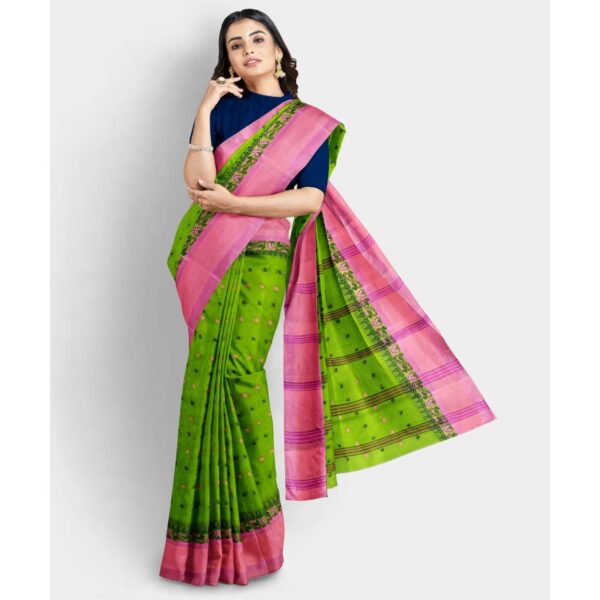 Green Saree with Pink Border in Pure Cotton