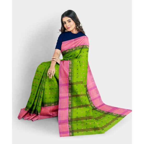 Green Saree with Pink Border in Pure Cotton