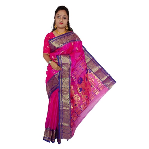Magenta Pink Tussar Silk Tant Banarasi Saree