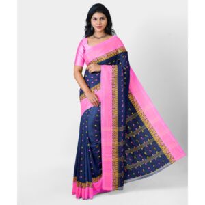 Navy Blue 100% Cotton Tant Saree with Pink Border (Handwoven Work)