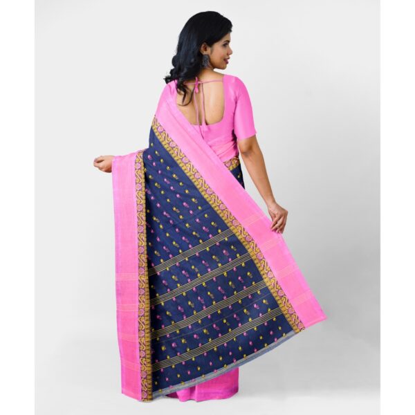 Navy Blue Cotton Tant Saree with Pink Border