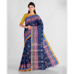 Navy Blue Bengali Cotton Tant Saree (Handwoven Work)