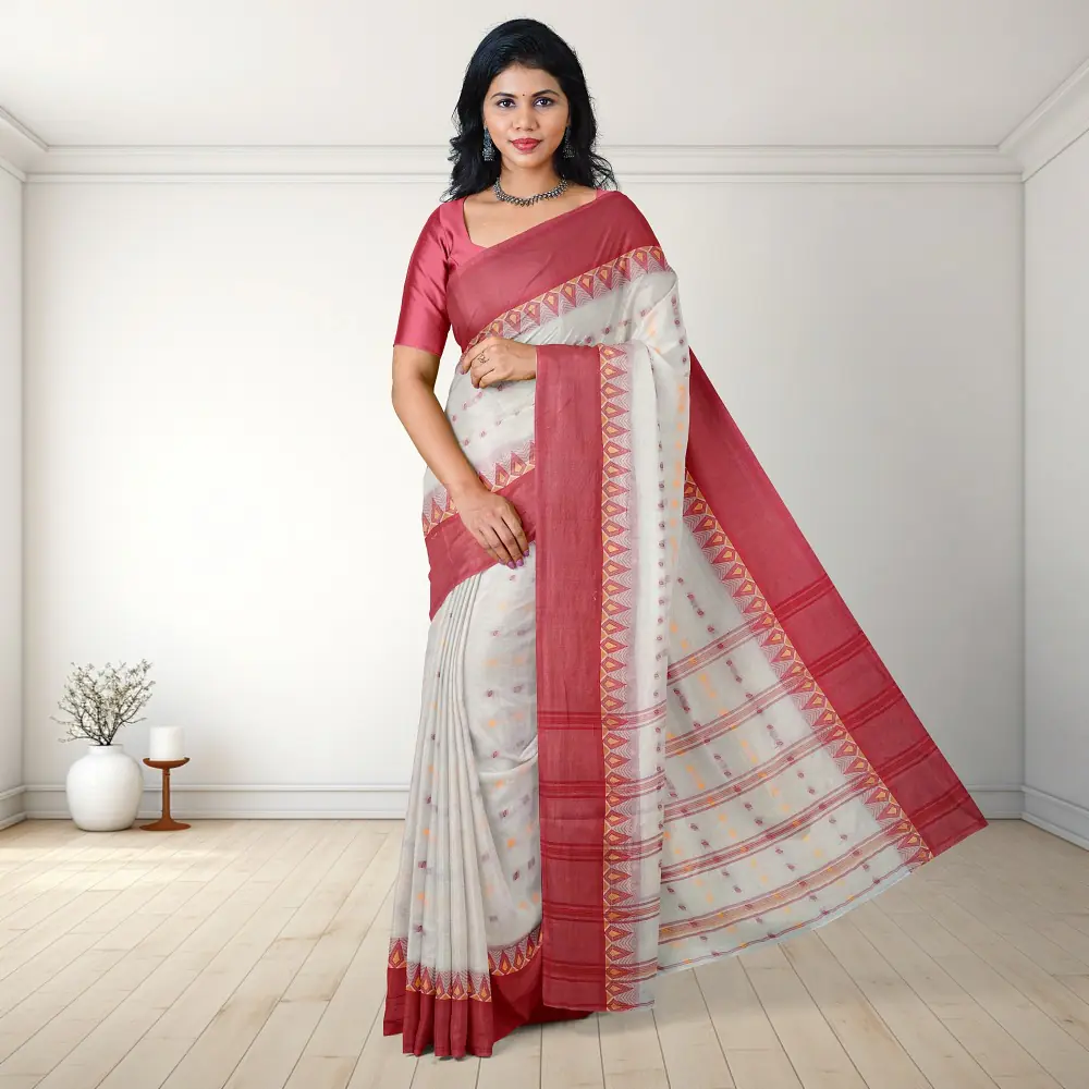 100% Cotton Off White Tant Saree with Red Border (Handwoven Work) 1 Off White Bengali Cotton Tant Saree