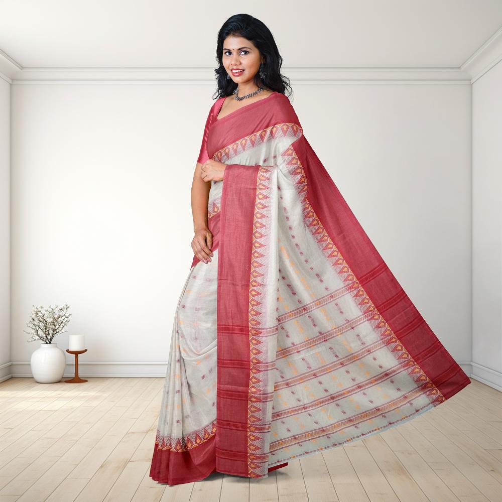 100% Cotton Off White Tant Saree with Red Border (Handwoven Work) 3 Off White Bengali Cotton Tant Saree