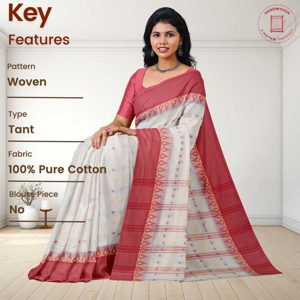 100% Cotton Off White Tant Saree with Red Border (Handwoven Work) 4 Off White Bengali Cotton Tant Saree