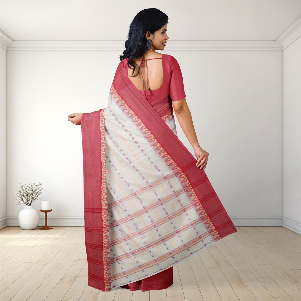 100% Cotton Off White Tant Saree with Red Border (Handwoven Work) 2 Off White Bengali Cotton Tant Saree