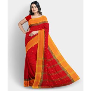 100% Pure Cotton Red Bengali Tant Saree (Handwoven Work)