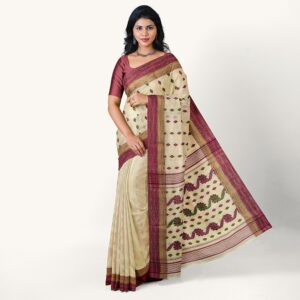 Cream Maroon Tussar Silk Tant ...