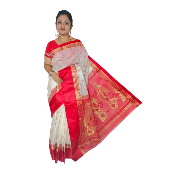 White Pure Tussar Saree with Red Border