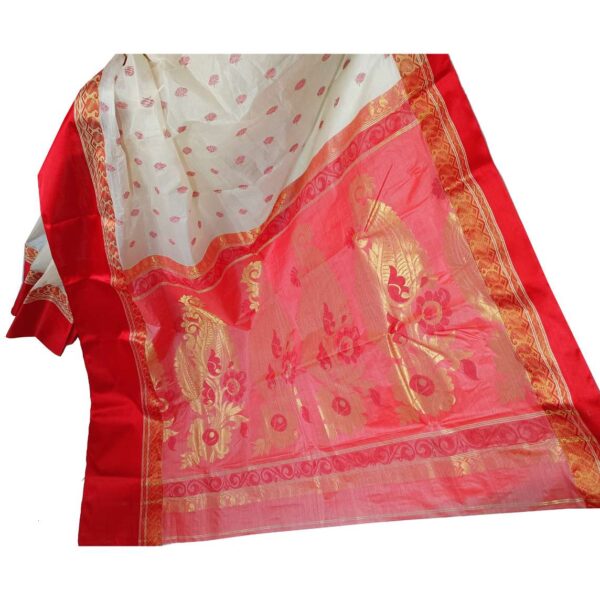 White Pure Tussar Saree with Red Border
