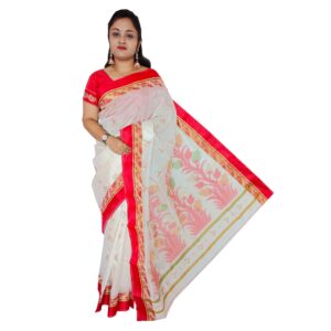 White 100% Pure Tussar Saree with Pure Red Velvet Border