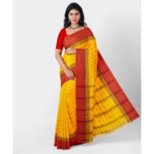 100% Cotton Yellow Tant Saree with Red Border (Handwoven Work)