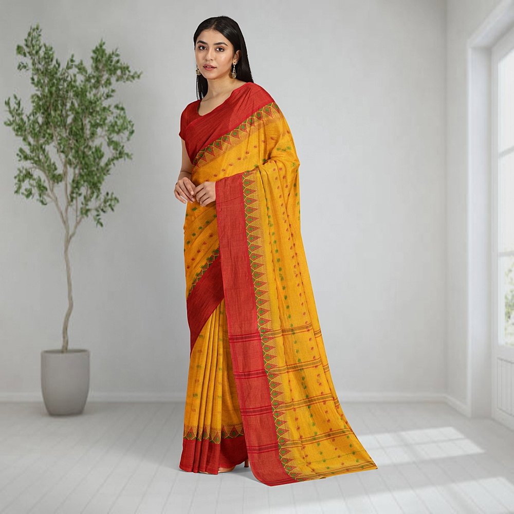 100% Cotton Yellow Tant Saree with Red Border (Handwoven Work) 3 Yellow Cotton Tant Saree for Haldi Ceremony
