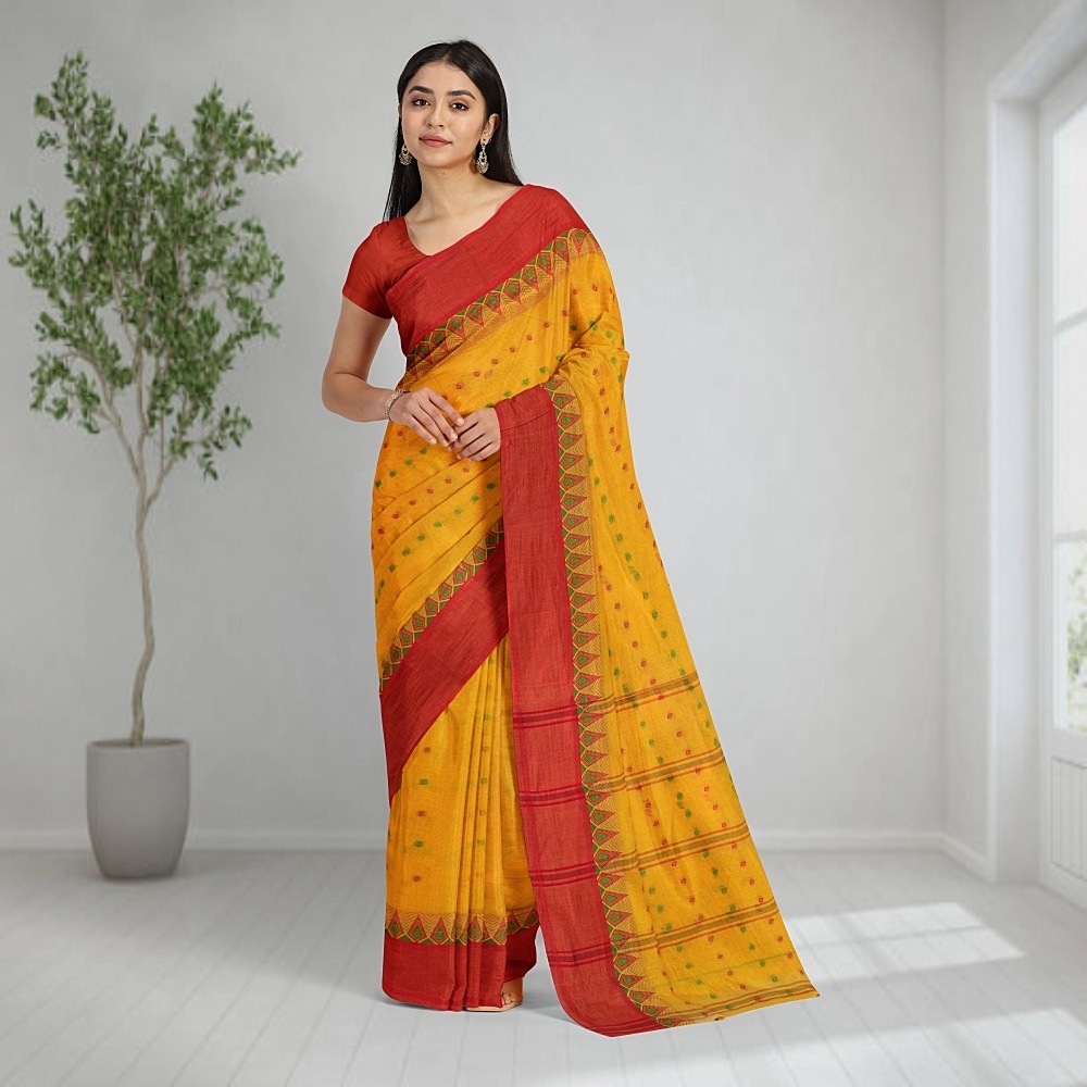 100% Cotton Yellow Tant Saree with Red Border (Handwoven Work) 1 Yellow Cotton Tant Saree for Haldi Ceremony