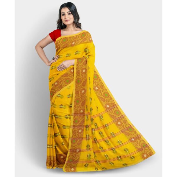Yellow colour Cotton Tant saree images.