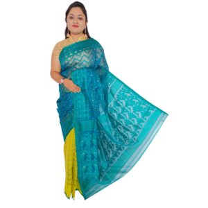 Blue Green Half Half Soft Jamdani Saree with All Over Mina