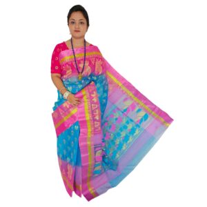 Blue Tussar Silk Dhakai Jamdani Saree with Pink Velvet Border
