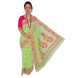 Light Green Jamdani Saree with Pink Border in Pure Cotton Silk, Handwoven