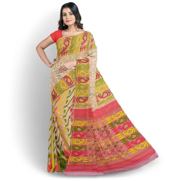 Off White and Red Jamdani Saree