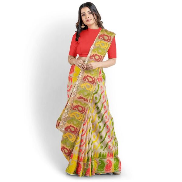 Off White and Red Jamdani Saree