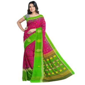 Buy Soft Rani Pink Cotton Handloom Jamdani Saree with Green Border