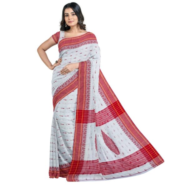 White Cotton Handloom Sari with Red Border