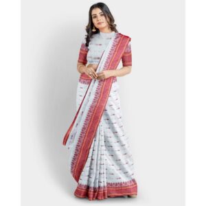 White Soft Pure Cotton Handloom Saree with Red Border with Blouse Piece