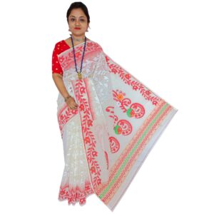 White and Red Bengali Dhakai Jamdani Saree in Pure Cotton Silk