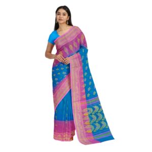 Blue and Pink Tussar Silk Tant Banarasi Saree with Zari Border