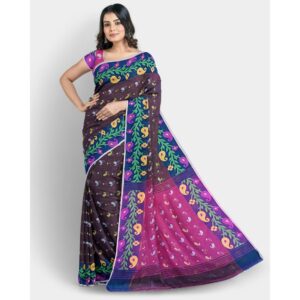 Dark Brown Soft Tissue Silk Bengali Tant Handloom Saree with Blouse Piece (Unstitched)