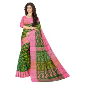 Green 100% Pure Cotton Jamdani Saree with Pink Border